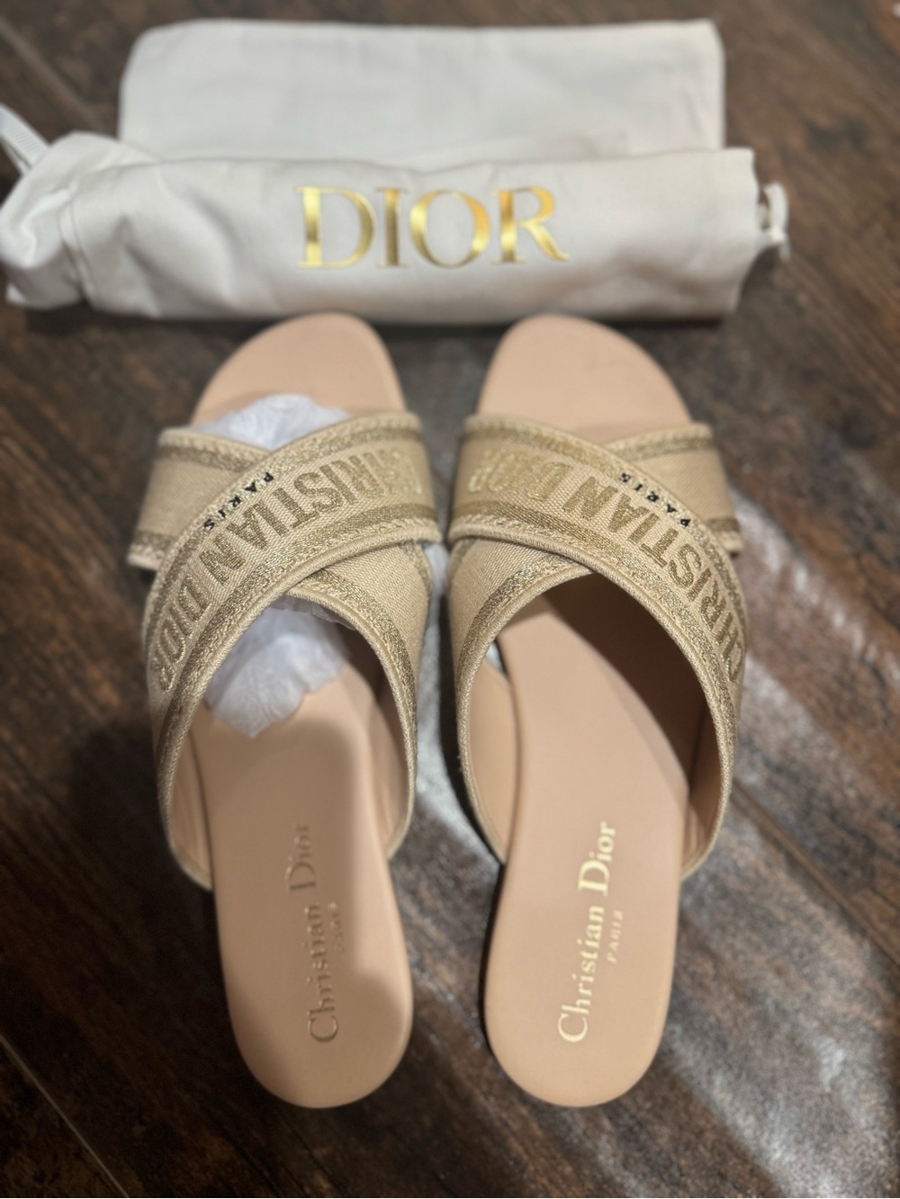 Dior Beige Crisscross Logo Slide Sandals